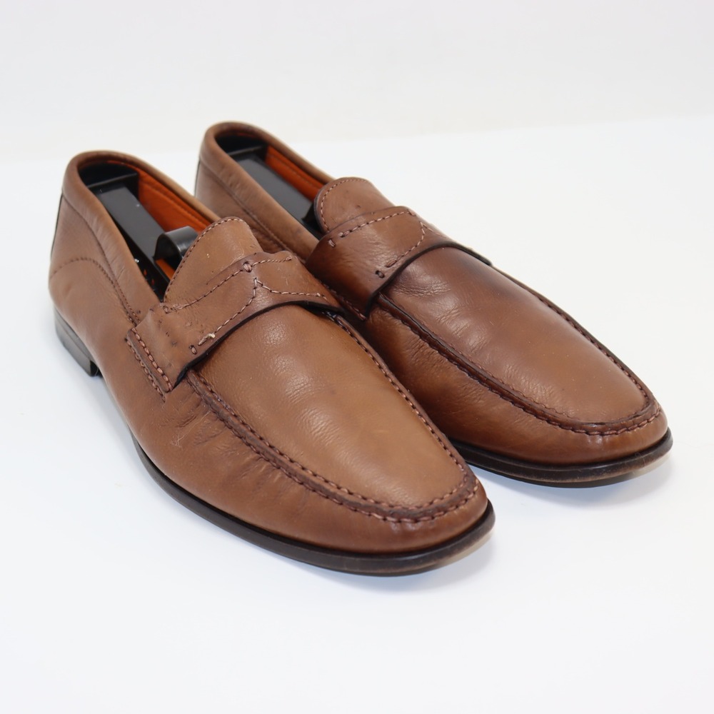 Santoni Leather Penny Loafers 8 Brown‎ Mens Italian Dress Shoes Luxury